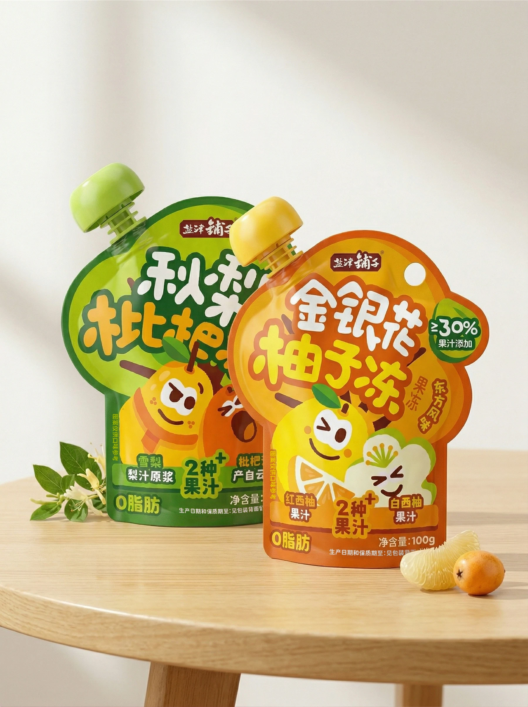 木桌上并列的绿色秋梨枇杷冻与橙黄色金银花柚子冻包装