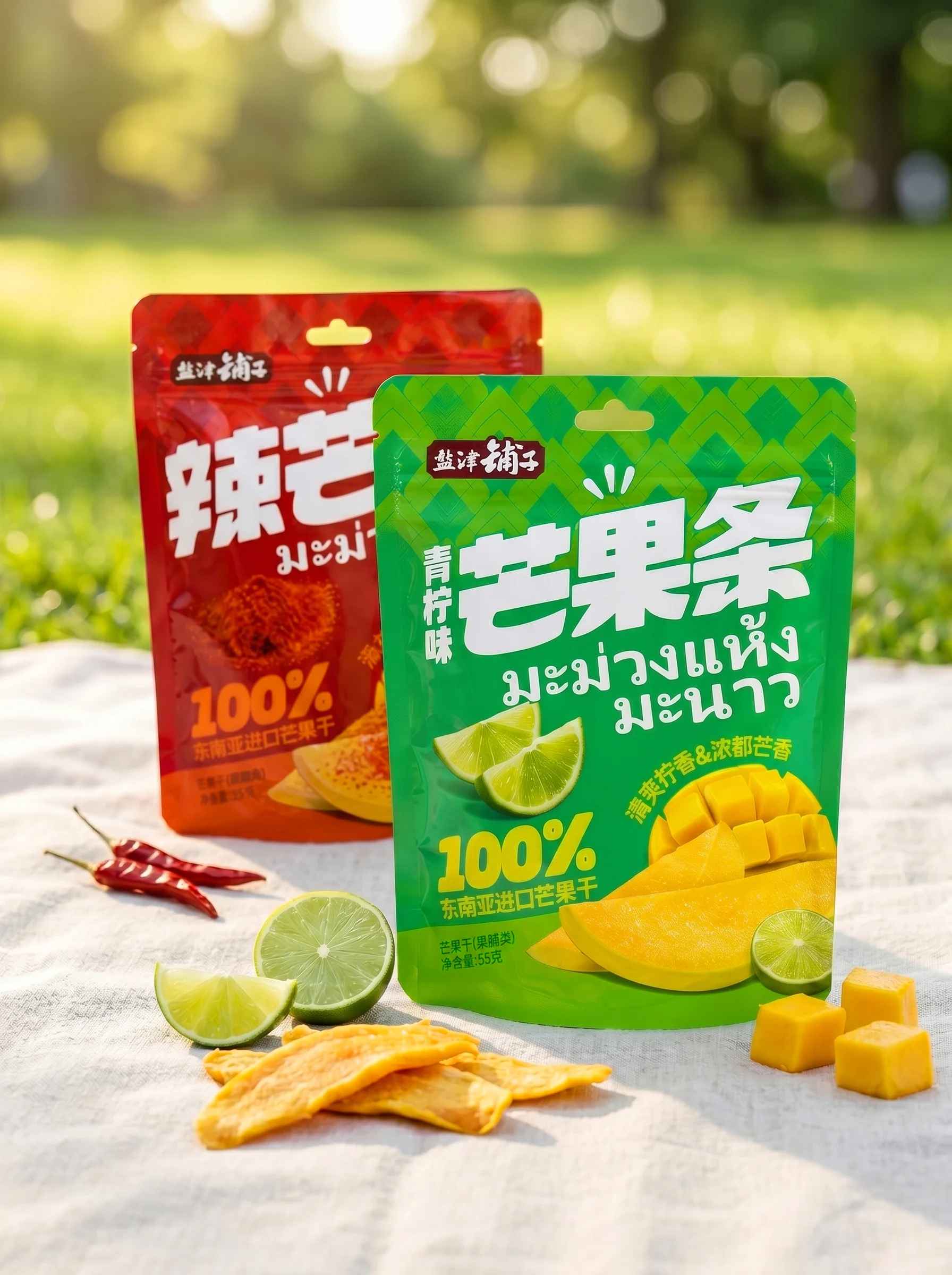 盐津铺子红色辣芒条与绿色青柠芒果条包装同框展示