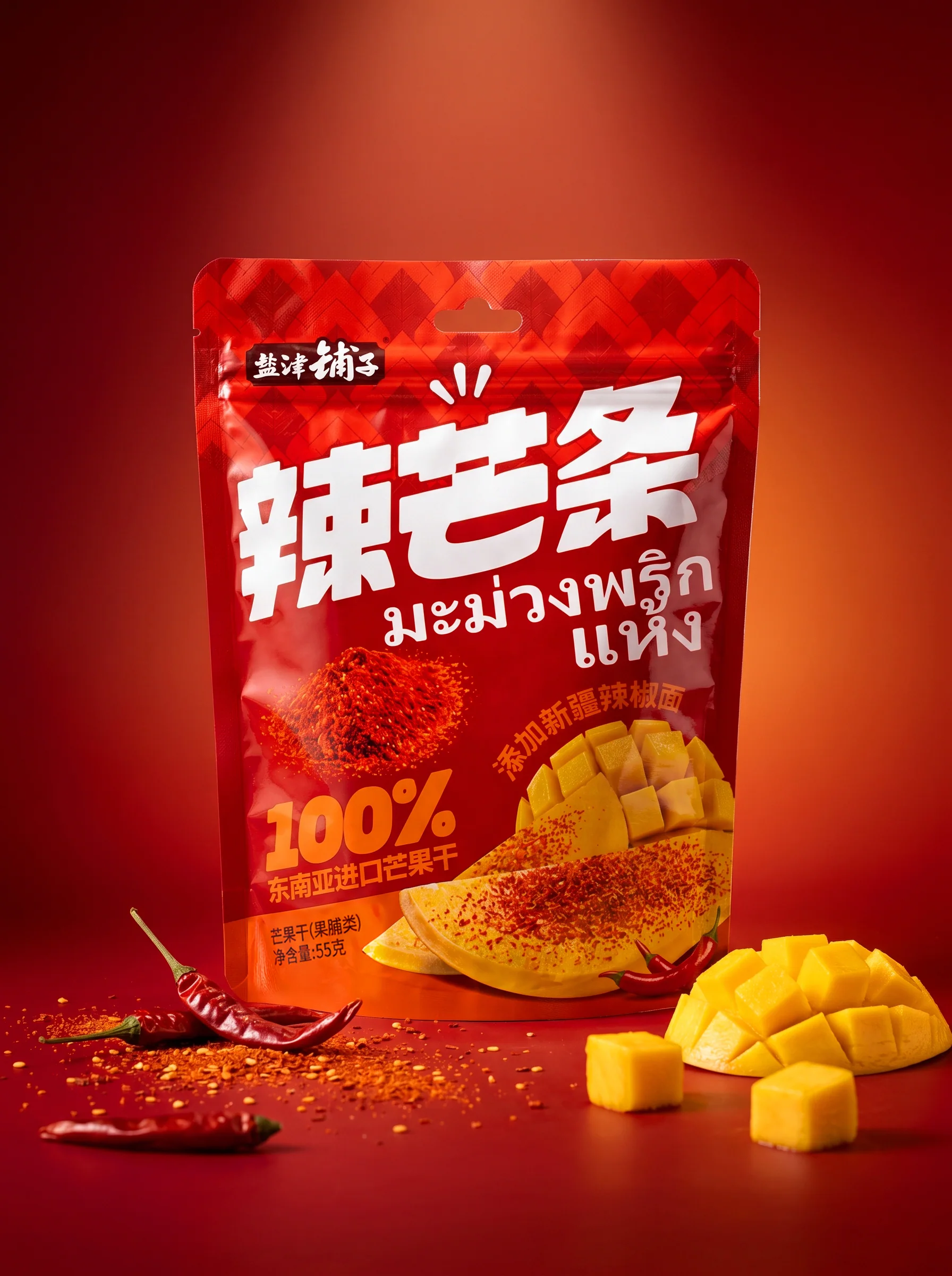 红色背景中的盐津铺子辣芒条包装正面