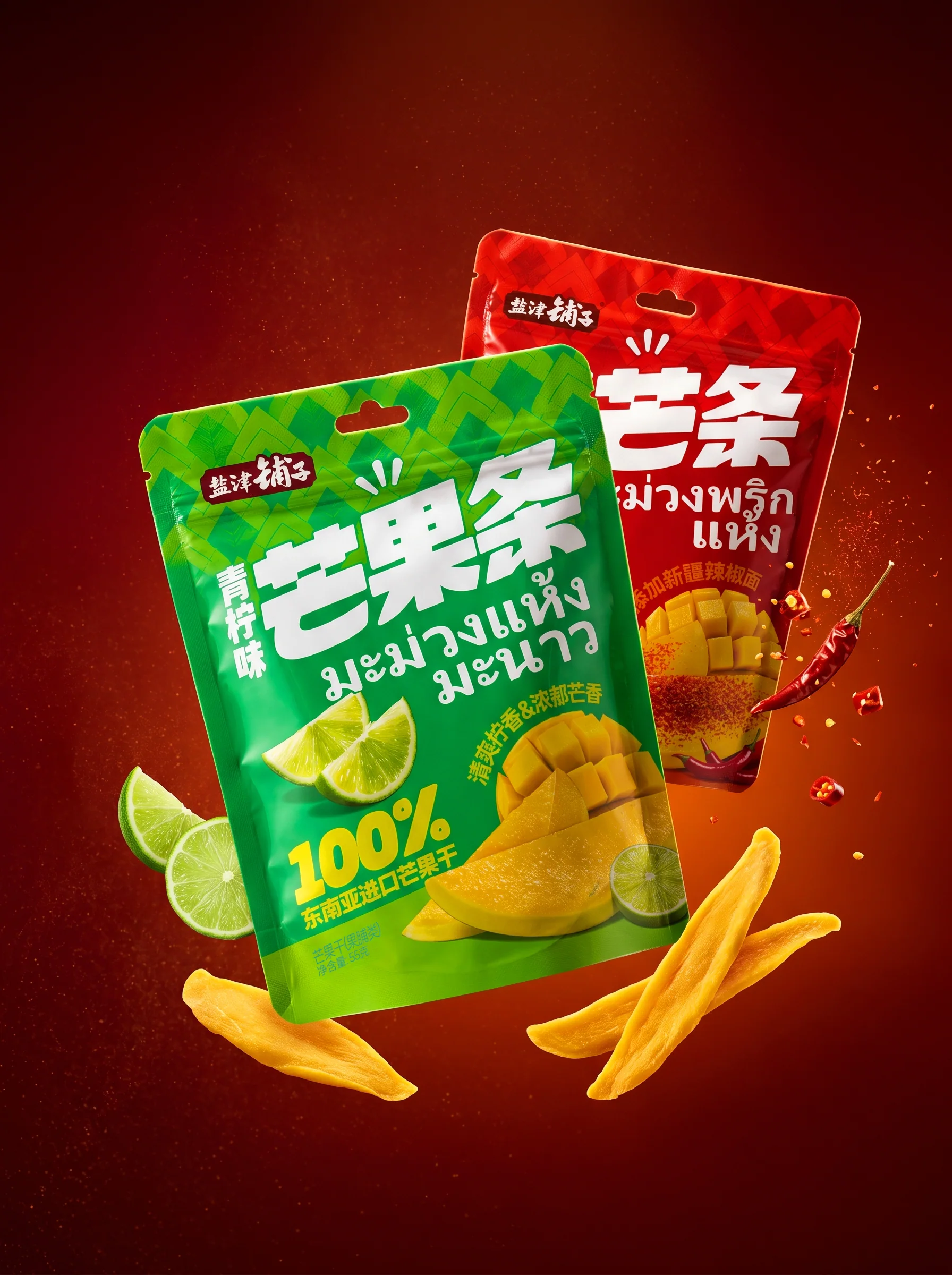红绿两款盐津铺子芒果条包装与芒果、青柠组合