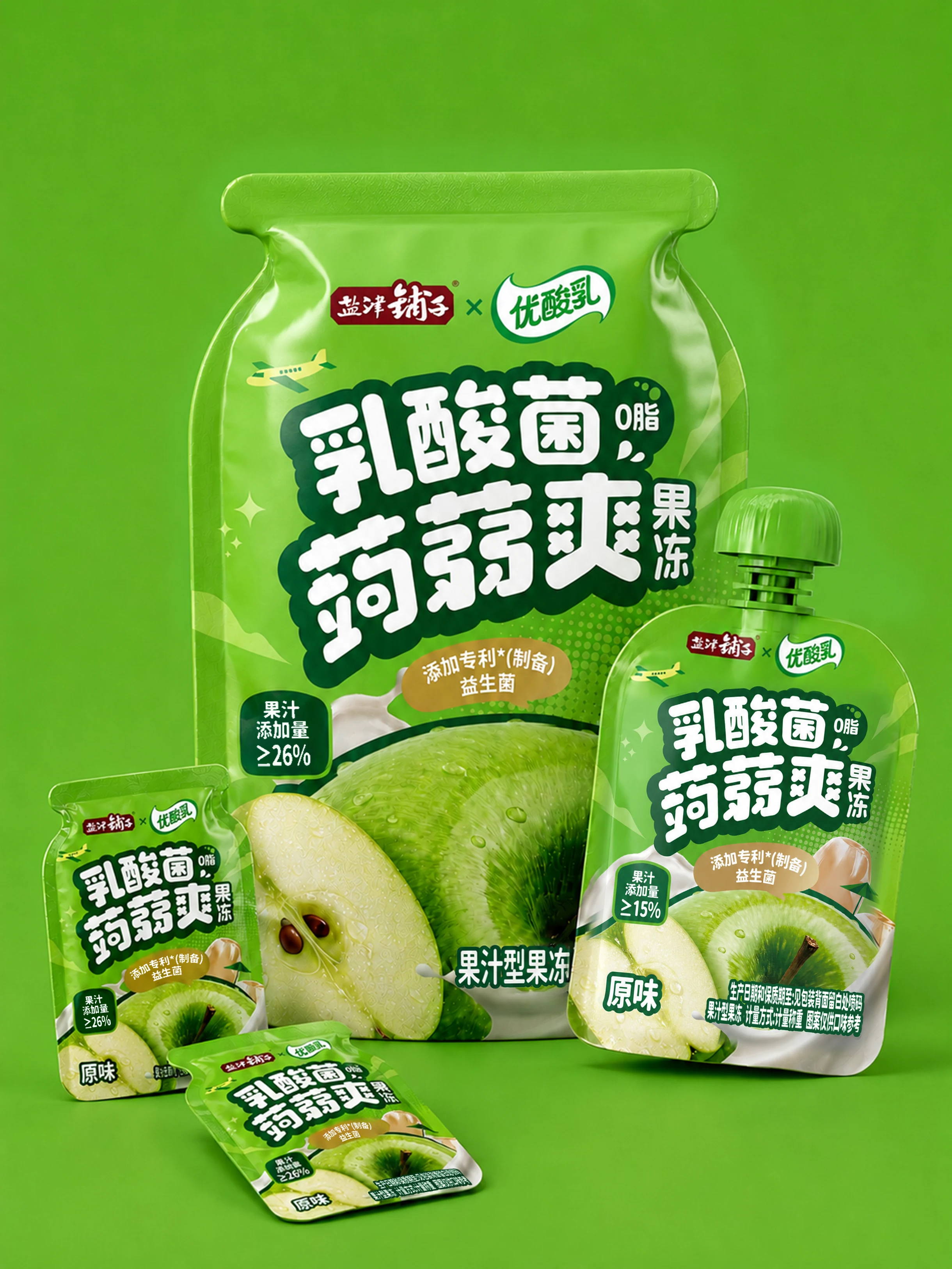 绿色背景中的优酸乳联名蒟蒻爽原味吸吸袋正面展示