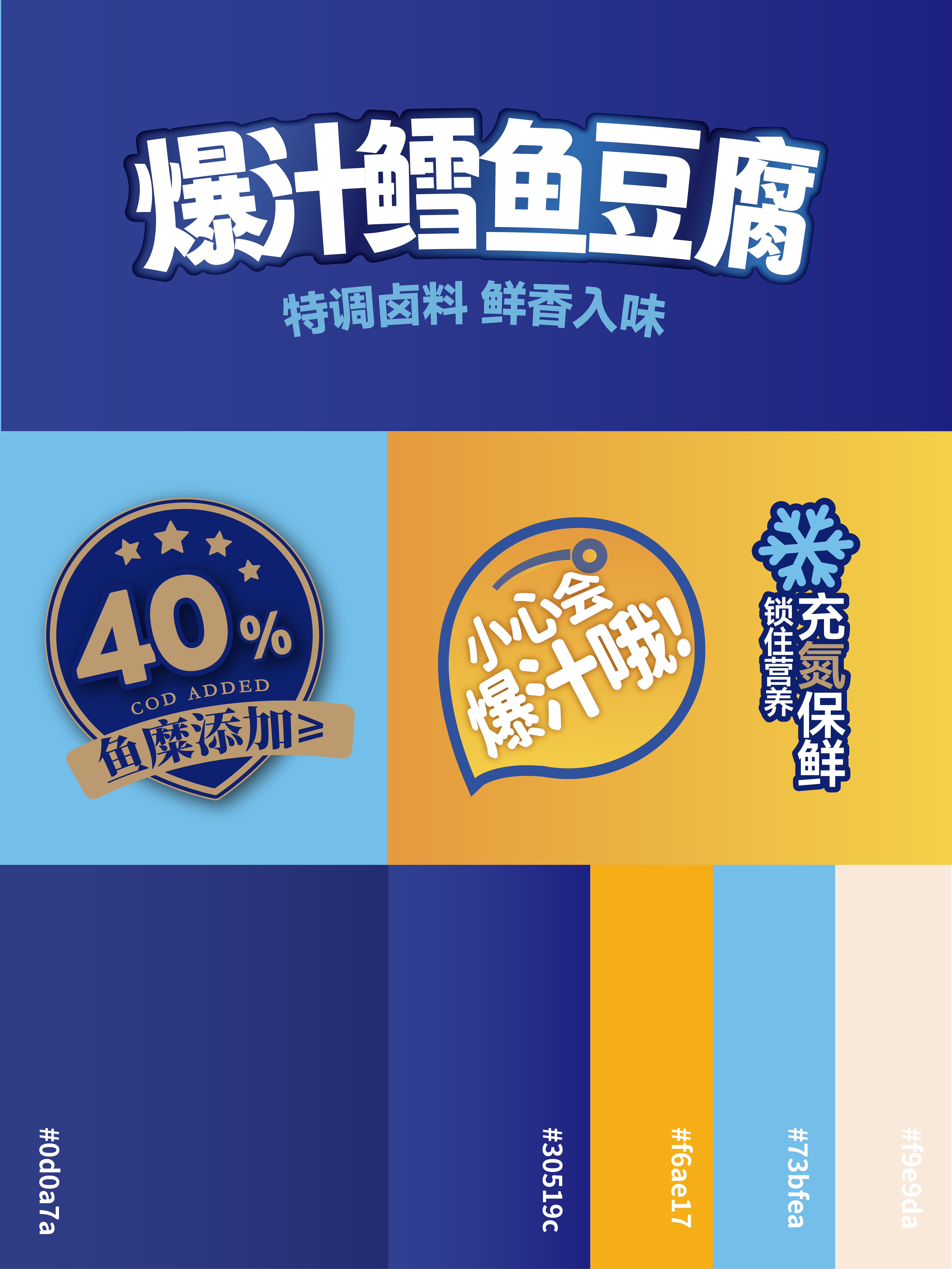 深蓝与橙黄色版面中展示爆汁鳕鱼豆腐包装正面信息层级